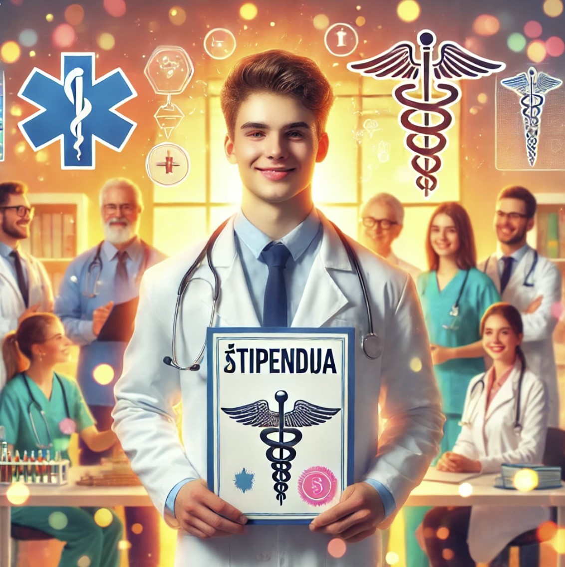 Slika mladega zdravnika, ki drži napis štipendija