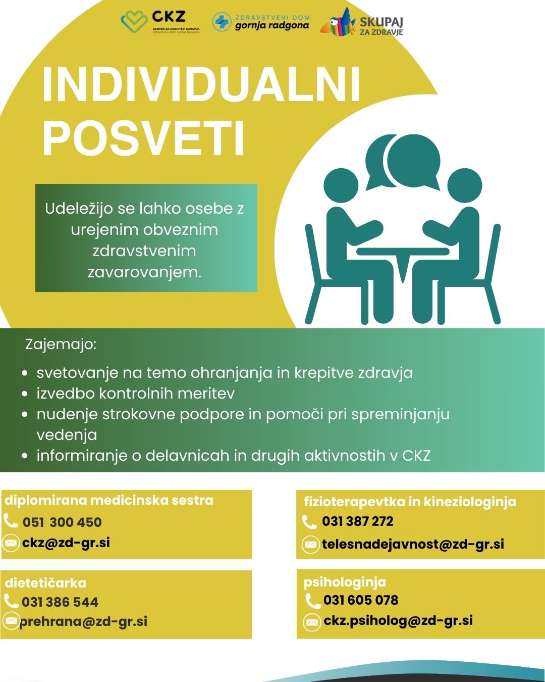 Plakat s podrobnostmi za individualne posvete. Posveta se lahko udeležijo osebe z urejenim obveznim zdravstvenim zavarovanjem. Posvet zajema: svetovanje na temo ohranjanja in krepitve zdravja, izvedbo kontrolnih meritev, nudenje strokovne podpore in pomoči pri spreminjanju vedenja in informiranje o delavnicah in drugih aktivnostih v CKZ.
